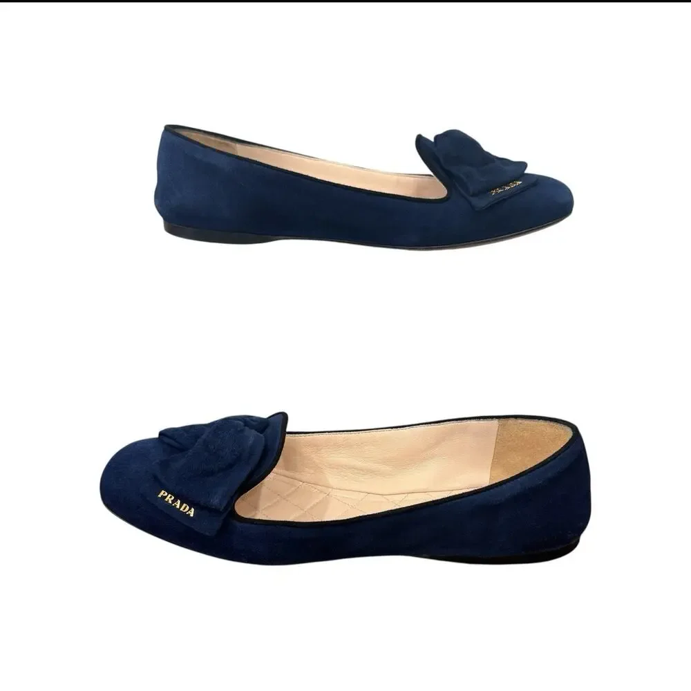 Prada Navy Suede Bow Flats Size 38 EU 8 US Quilted Leather Interior Box Dust Bag